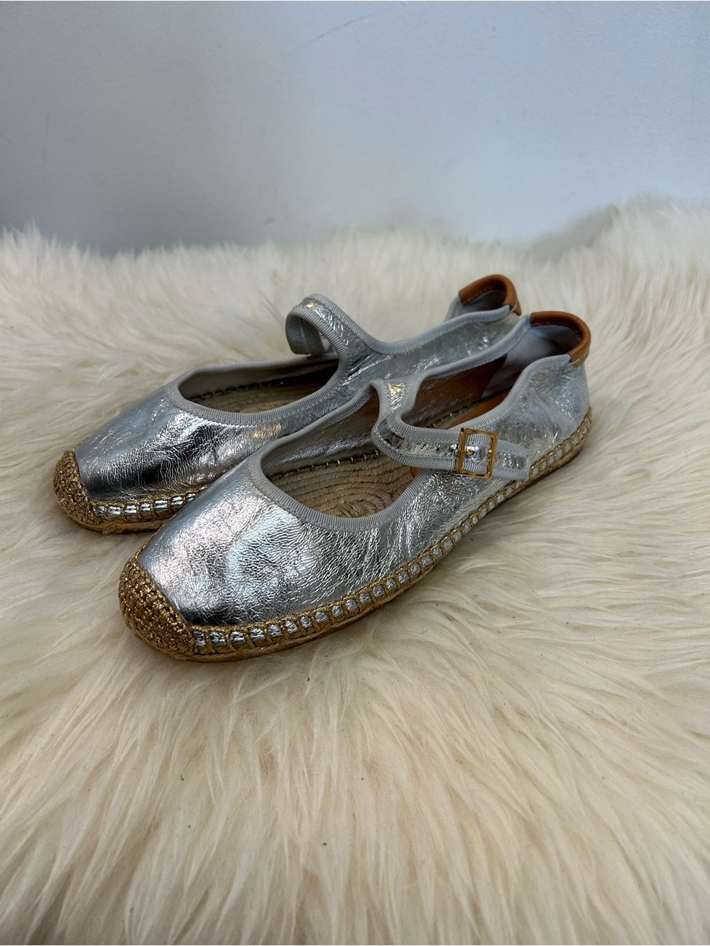 Tory Burch Silver Metallic Mary Jane Espadrilles size5